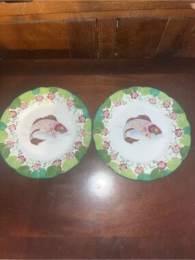 Vintage Capodimonte Style Porcelain Plates – Pair with Fish, “N” Crown 9.75”